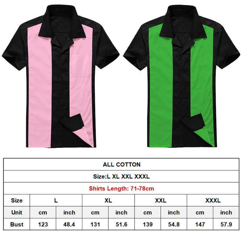 Mannelijke patchwork korte mouw zomer mannen shirts L-3XL plus size heren kleding blouse katoenen bowling vintage shirt rockabilly stijl 210527