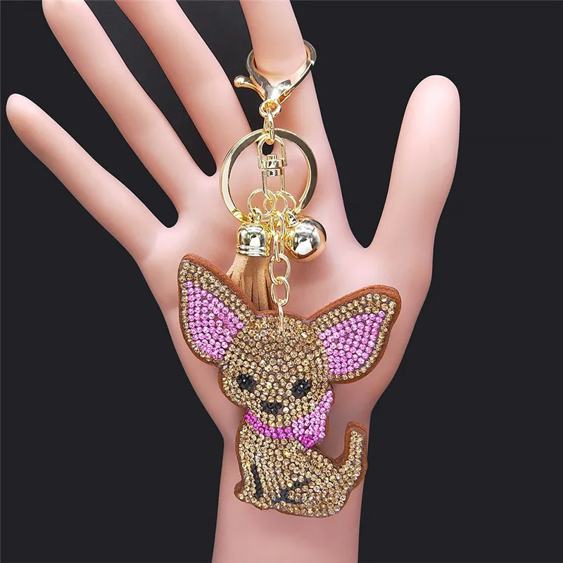 Fashion Chihuahua Dog Crystal Bag Accessories for Women Yellow Gold Color Keyring Jewelry llaveros para mujer K2502S01