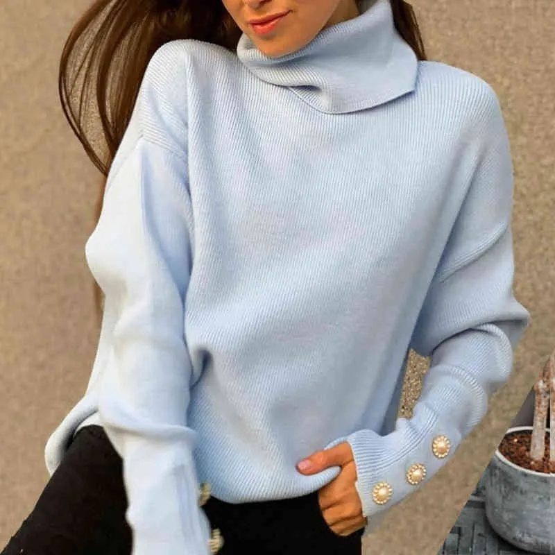Otoño invierno, suéteres de cuello alto para mujer, Top de color puro con solapa de punto, moda informal, suéter cálido, suéter para mujer, completo 210508