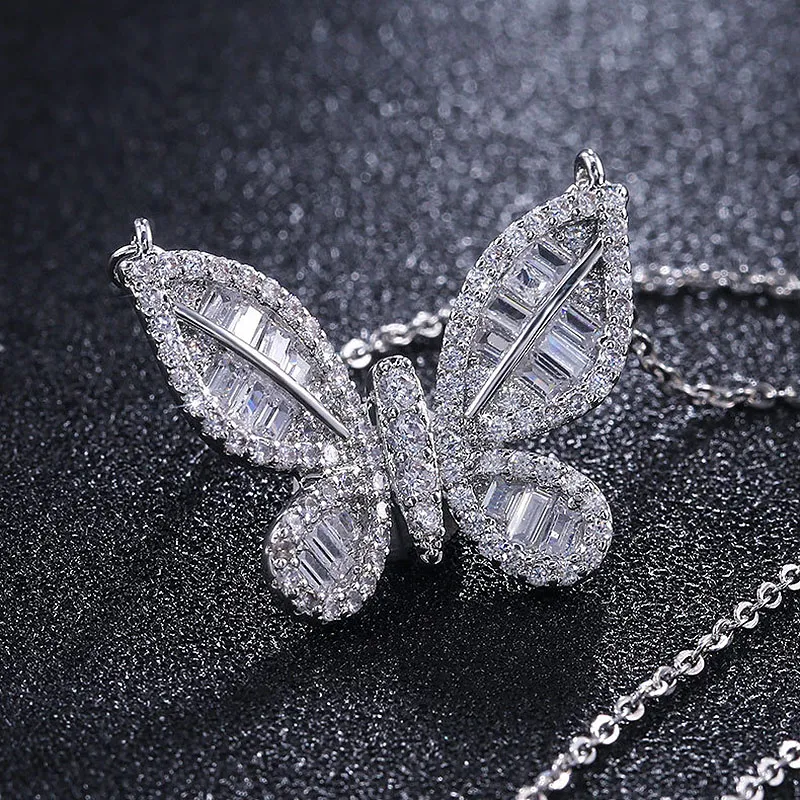 INS Simple Style Women Necklace Charm Butterfly Zirconia Pendant Outdoor Travel Sweet Girl Necklaces Solid Color Brass Rhinestone 231S