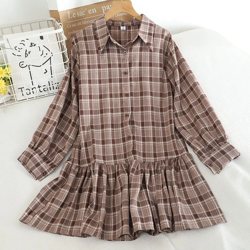 Wohreb Retro Plaid Loose Shirt Mini Pleated Dress + Knitted Vest Bag Set Women Autumn Elegant Outfits Korean Suit 210519