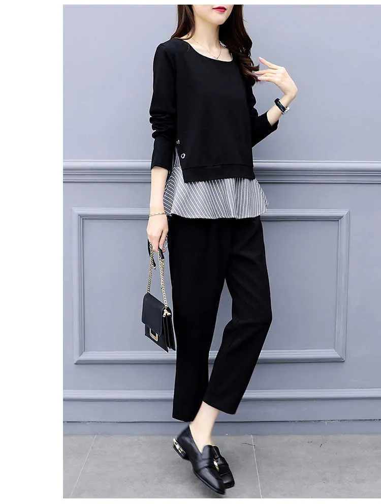 Black Two Piece Set Women Striped Splicing Long Sleeve Tops And Harem Pants Sets Casual Office Korean Ladies Suits 210930