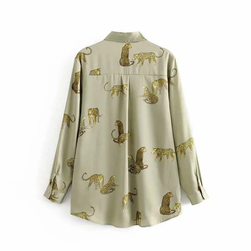 Vintage Animal Print Bluse Herbst Mode Frauen Leopard Twill Shirts Elegante Damen Chic Tops Blusas Mujer 210531