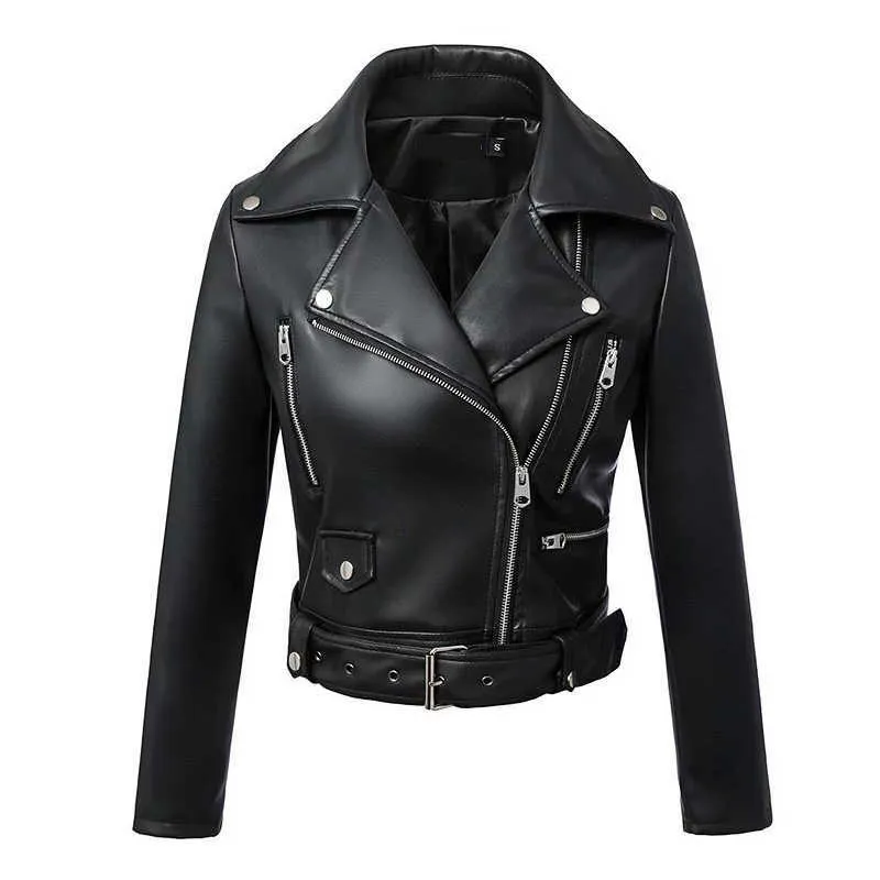 Ailegogo Autumn Women Pu Leather Jacket Woman Zipper Belt Short Coat Female Motorcycle Black Faux Leather Outwear 210908