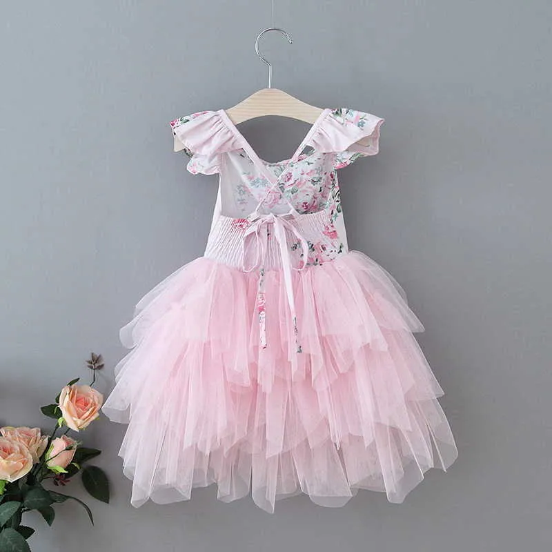 Påskblomma flicka klänningar smocking rosa blommig tårta klänning prinsessa för fest bröllop barn kläder e1961 210610