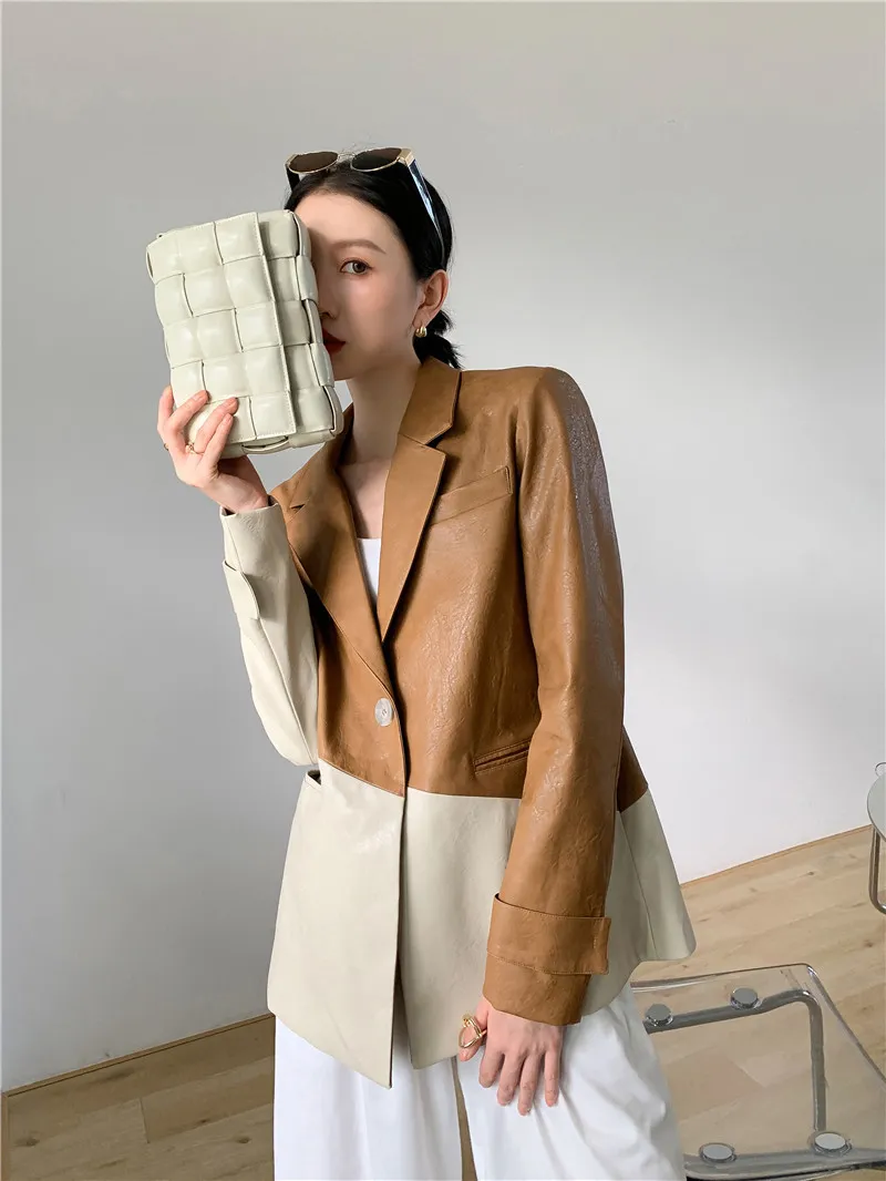 Vintage Fashion Patchwork Women Pu Leather Coat Full Sleeve Single Button Female Suit Coats Spring Loose Ladies Outwear 210513