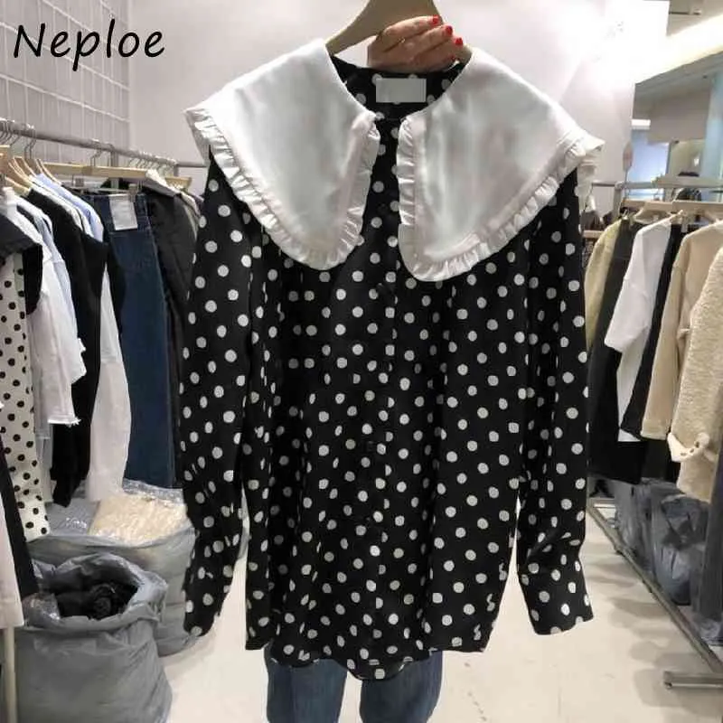 Doll Collar Long Sleeve Pullover Blouse Women Vintage Dot Hit Color Loose Blusas Spring Shirt Feminino 210422