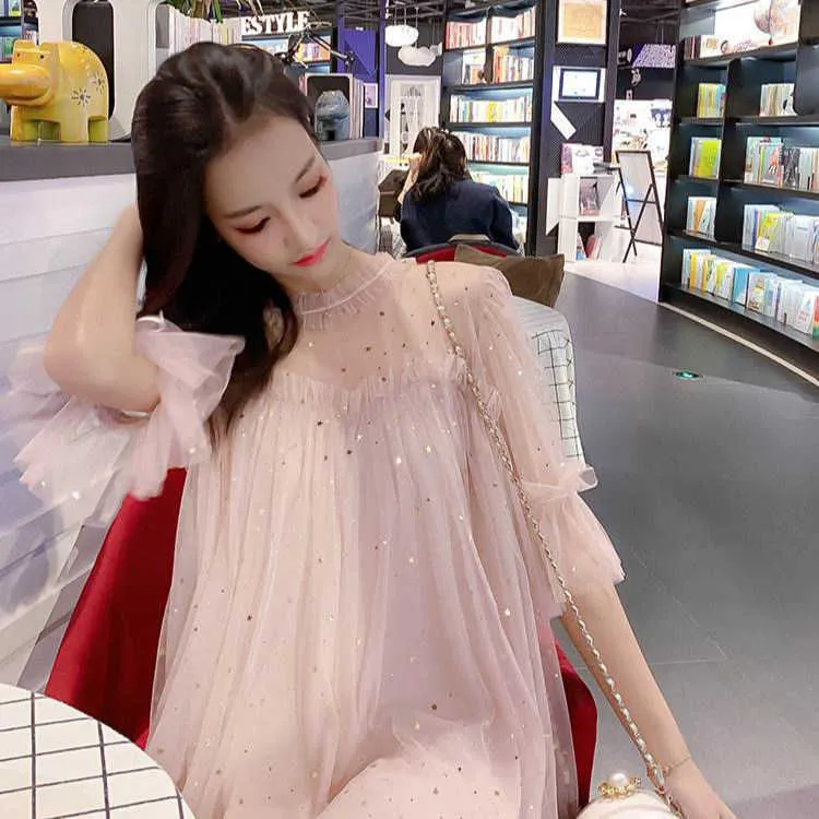Elegant Mesh Sequins Dress Vintage Lace Women Long Sleeve Fairy Spring French Designer Clothes Korean 210604