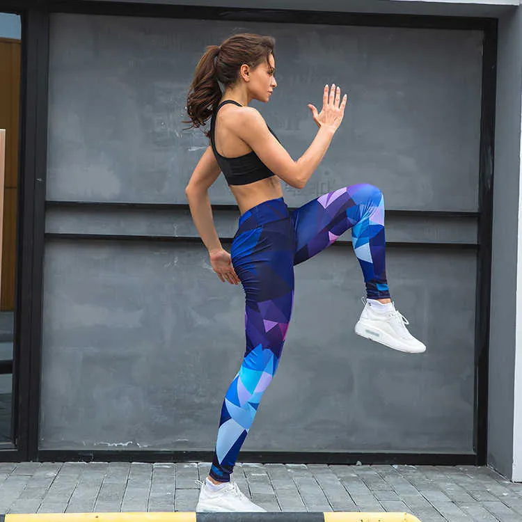 Geometric Prited Legging Sport Femme Fitness Et Running Pantalon Jogging Poliestere Leggings blu Donna Vita alta Push Up 210604