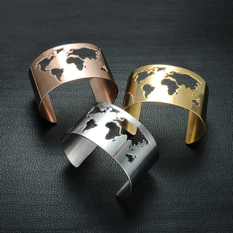 Mapa do mundo Cut-Out Cuff Bangle Pulseira Paz Paz Jóias Aço Inoxidável 35mm Gravura Laser Gravura Bem Polido Círculo Ângulo Q0720