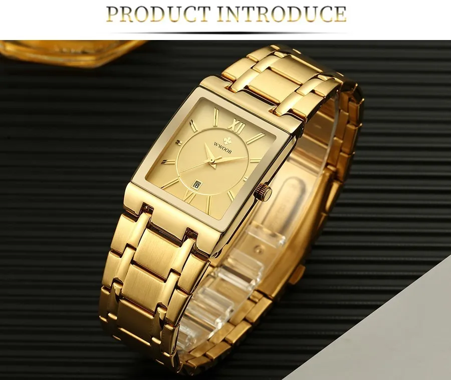 Relogio Masculino WWOOR montre en or hommes carrés montres pour hommes haut de gamme de luxe Quartz doré montre-bracelet étanche en acier inoxydable