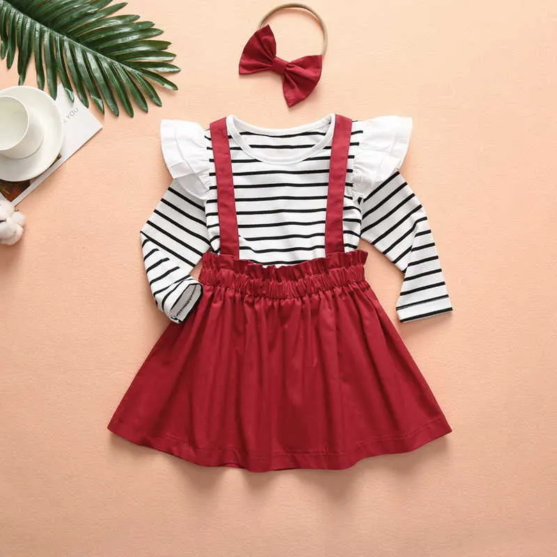 Venda Por Atacado Primavera Spring Spring Girls 3-PCS Conjuntos T-shirt listrado + Soild Color Suspender Saia + Bow Headband Moda Outfits E005 210610