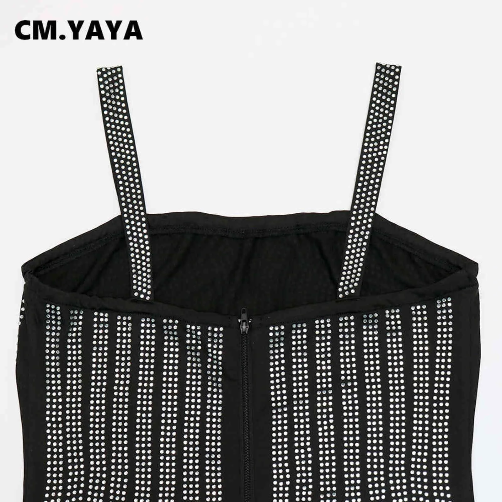 CM.Yaya Kadınlar Rhinestones Diamonds Ekleme Tankı Kolsuz Bodycon Midi Mini Elbise 211115
