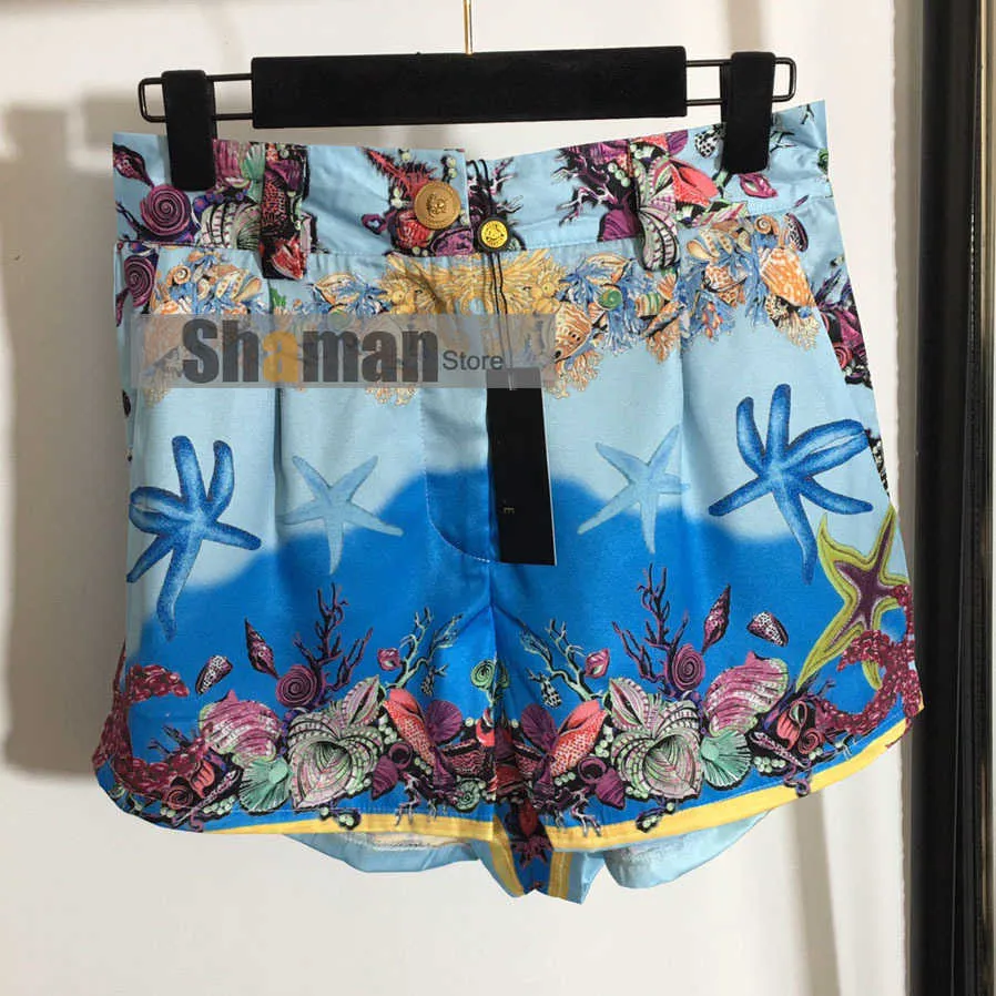 Lyxig designer märkt shorts för kvinnor kläder aquairum print guld knappar kvinna sommar hög midja kvinna 210719