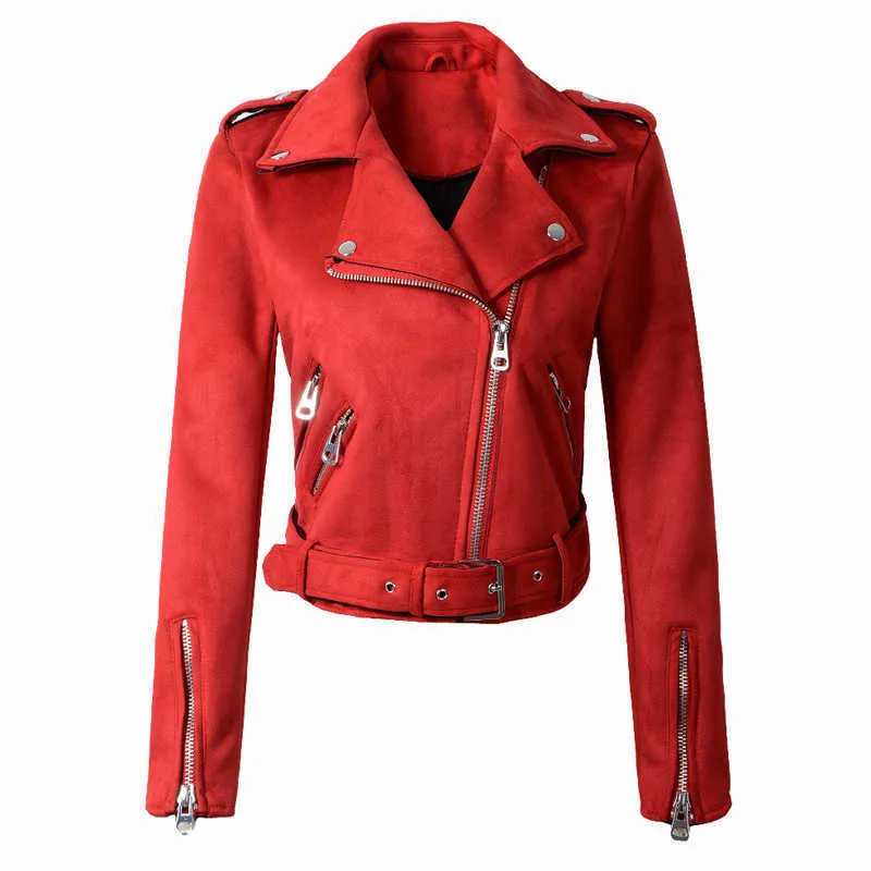 FTLZZ Femmes Faux Daim Veste Manteaux Moto Fermeture Éclair Col Rabattu Faux Cuir Souple Pardessus Femme Noir Punk Veste Courte 211007