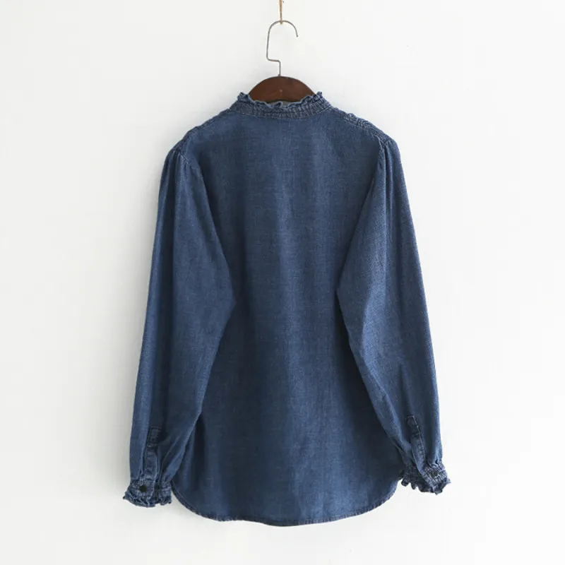 Johnature Denim Shirt voor Dames Lente Lange Mouw Blauw Casual Dames Doeken Knop Vintage Tops en Blouses 210521