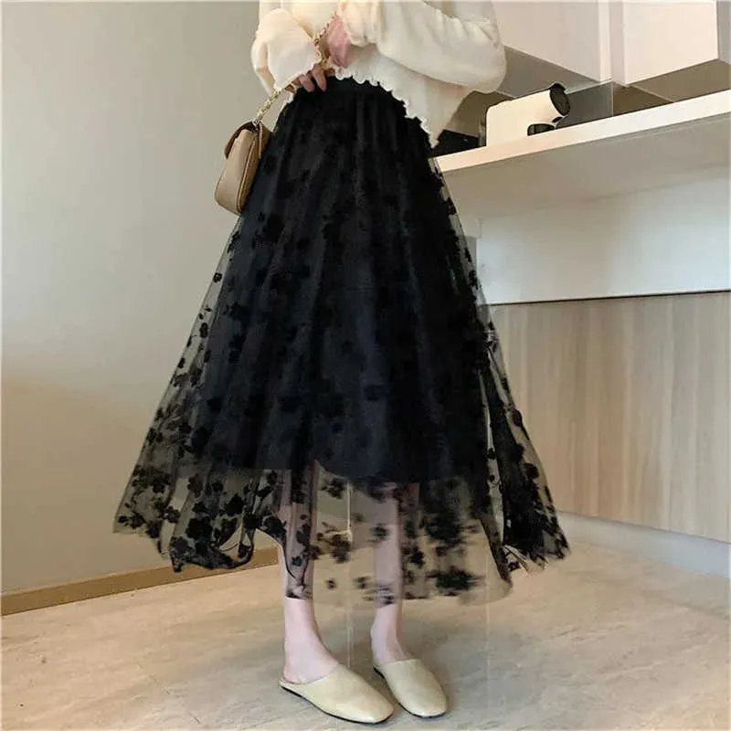 Flocage fleur taille haute jupe mode femme Midi longue jupe plissée coréen Vintage hiver automne noir maille Tulle jupe 210619
