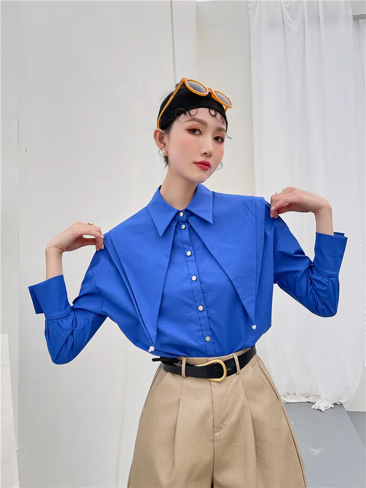 Camicia blu a maniche lunghe firmata da donna colletto a strati abbottonato moda donna top e camicette abbigliamento coreano 210427
