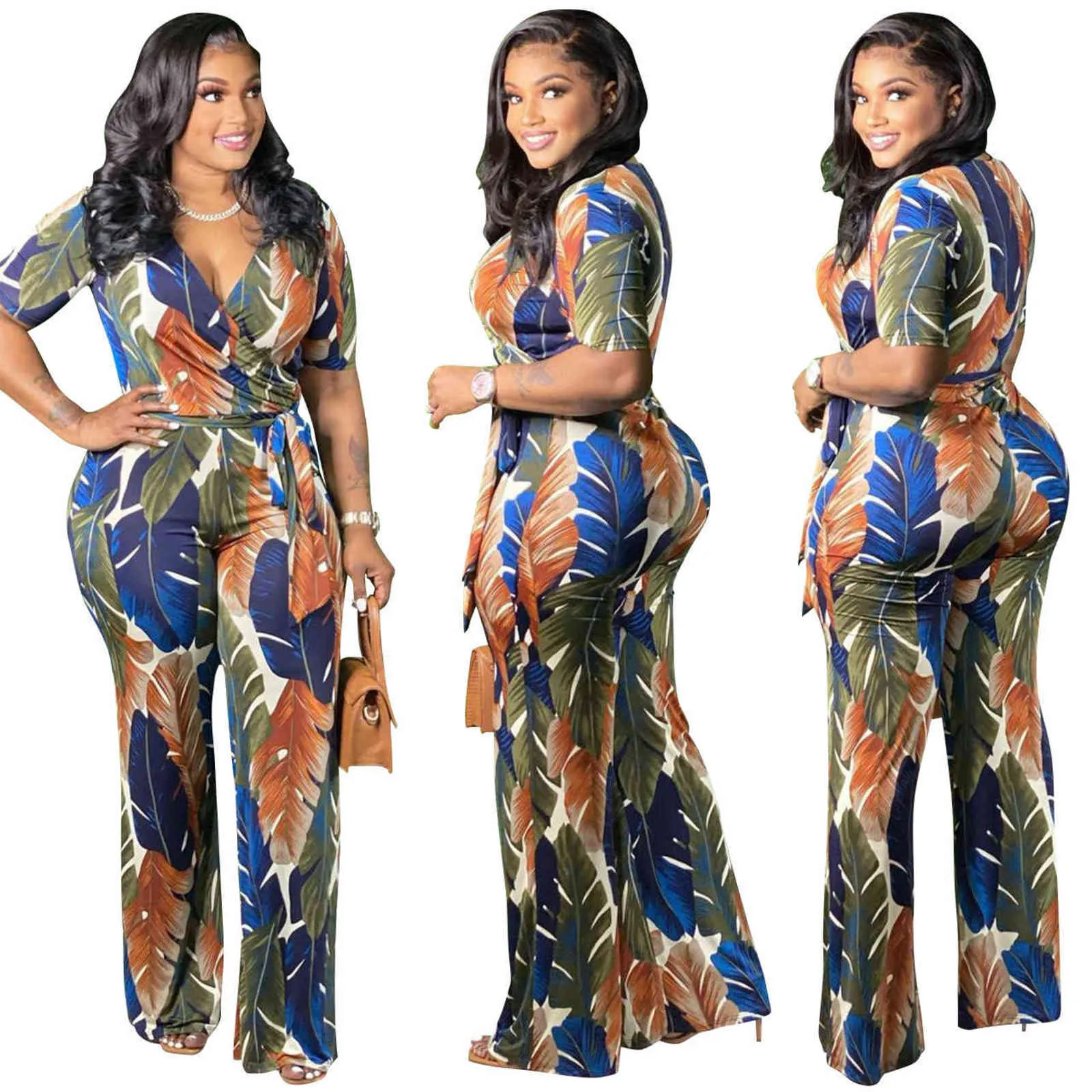 XL-4XL Dameskleding Zomer Plus Size Jumpsuits Fashion Casual Afdrukken Korte Mouw Lange Rompertjes Groothandel Drop 211102