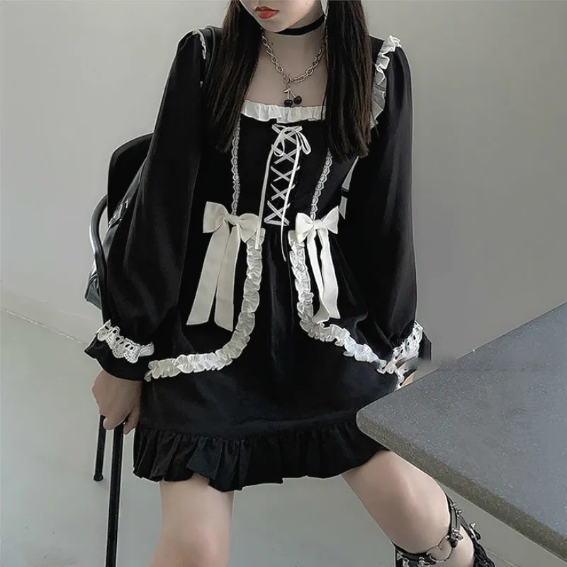 Lolita Gothic платье девушка пэчворк Урожай дизайнер мини-Япония стиль кавайская одежда падает для женщин 13260 210508