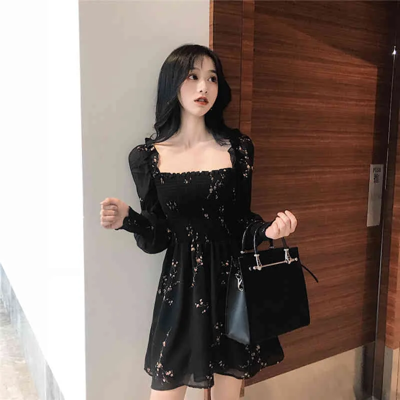 Été femmes robe noire Vintage fleur à manches longues bouffantes robes en mousseline de soie coréen décontracté Mini Vestidos Mujer 210520
