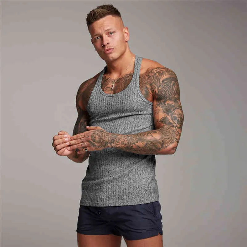 Męskie O Neck Bez Rękawów T Shirt Fitness Slim Fit Sports Strips Tank Top Mężczyzna Solid Moda Singlets Letnia Dzianiny Siłownia Odzież 210421