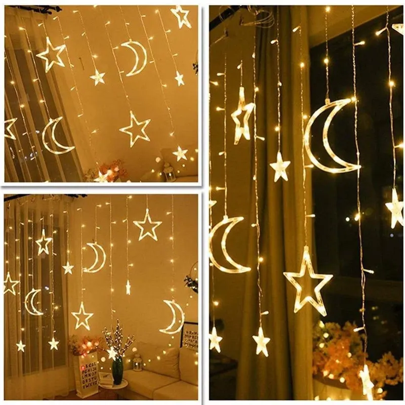 3 5M 138leds Étoile Lune Led Rideau Guirlande Lumineuse De Noël Ramadan Guirlande Lumières Éclairage De Vacances Romantique Pour La Fête De Mariage Decor280O