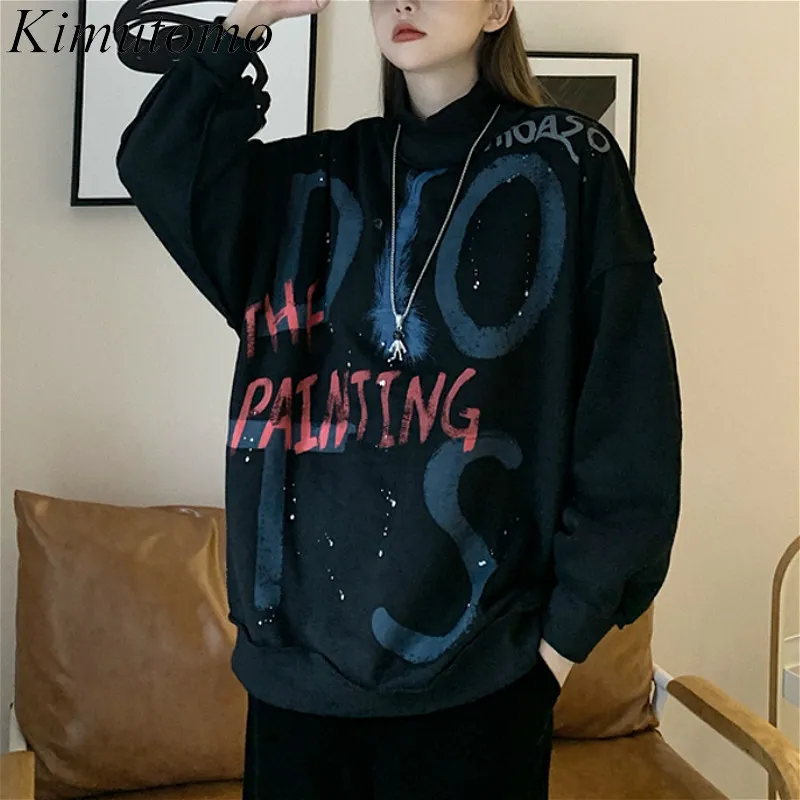 Kimutomo Kobiety List Printing Bluzy Wiosna Jesień Koreański Styl Kobieta Pół Turtleneck Black Pullovers Streetwear 210521