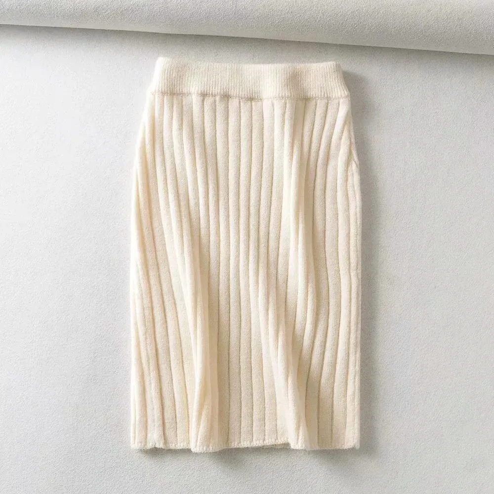 Hiver tricoté Midi jupe femmes automne Slim Fit couleur unie taille élastique hanche jupe pour femmes crayon moulante jupe 210514