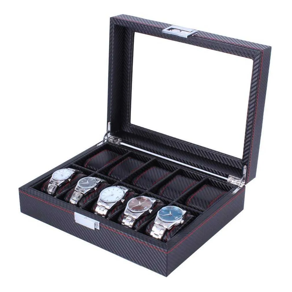 10 Grids Carbon Fibre Pattern Watch Box Watch Holder Organizer Storage Case Jewelry Display Rectangle Black Color Showcase GIFTS T331J