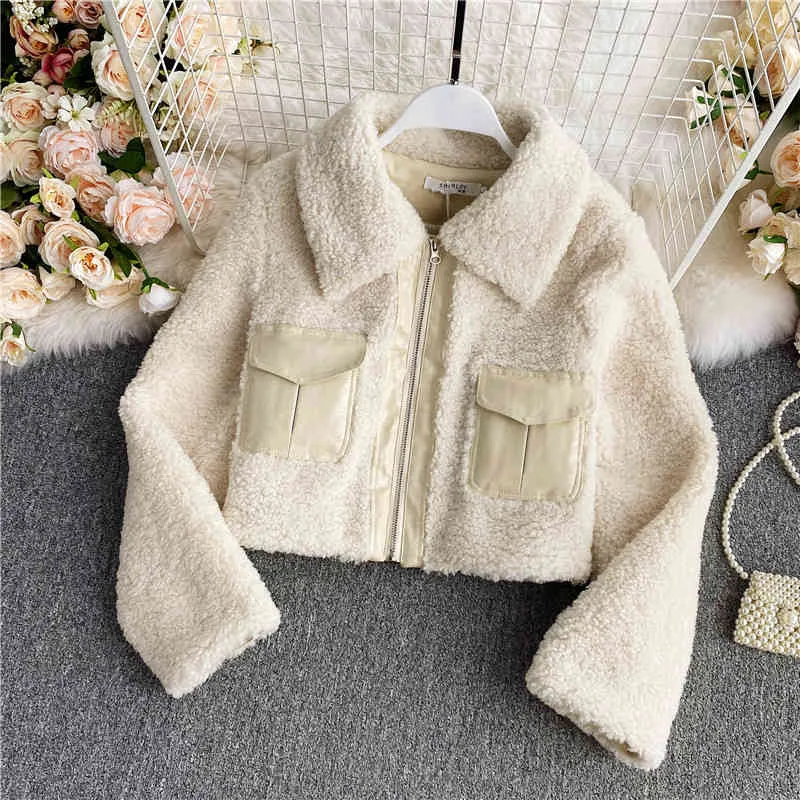 Korobov Vintage Short Streetwear Winter Faux Fur Women Coats Koreanska Casual Packets Patchwork Crop Jacket Ny Chic Kvinna Coat 210430
