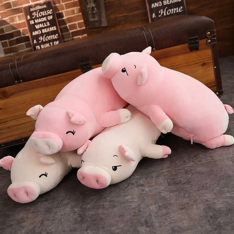 40~110cm Squishy Pig Stuffed Doll Lying Plush Piggy Toy White/Pink Animals Soft Plushie Hand Warmer Blanket Kids Comforting Gift 210728