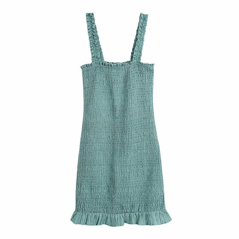 Za texturé tissage Mini robe d'été femmes sans manches bretelles à volants élastique smocké Vintage robe de plage femme robes vertes 210602
