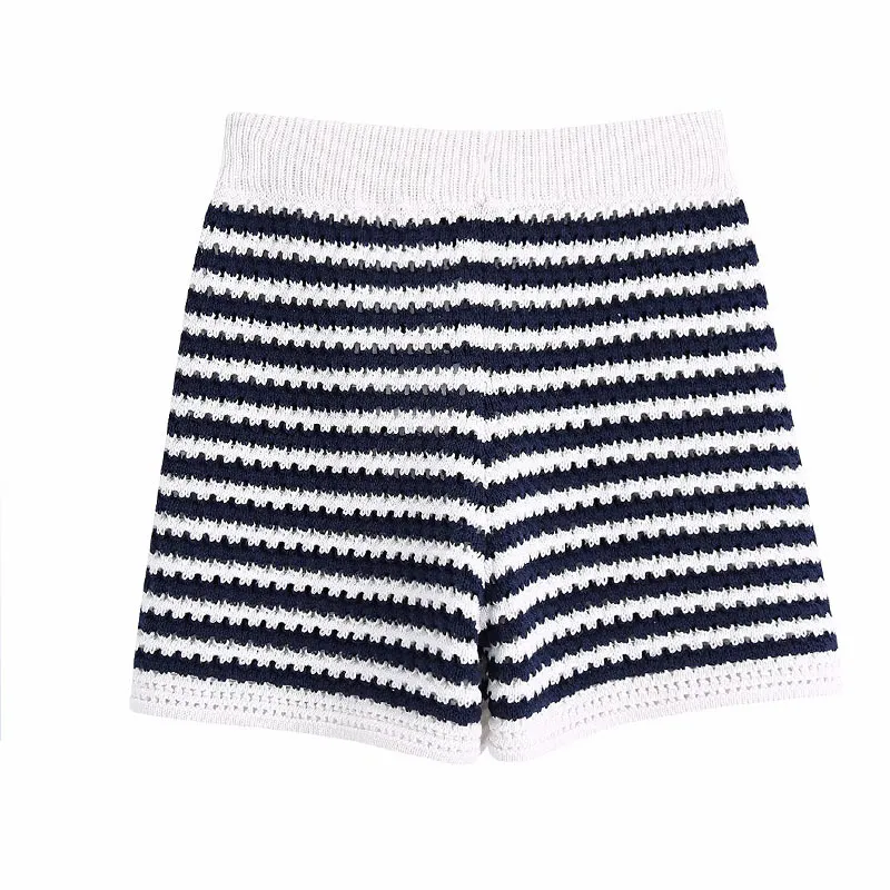 Women Summer Striped Knitting Shorts ZA Elastic waist Sweet Casual Female Fashion Street Botton Clothing 210513
