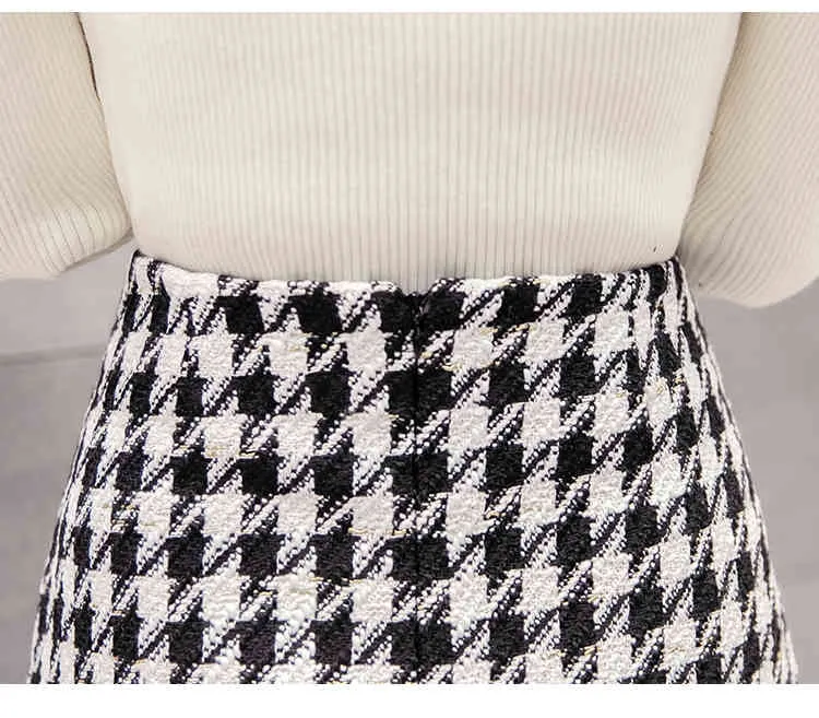 Autumn High-Waist Houndstooth Woolen Skirt Women's Short Single Breasted Mujer Faldas 210520