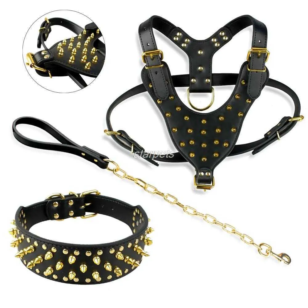 Cool Spiked Studded Leather Dog Harness Rivets krage och koppel Set för medelstora stora hundar Pitbull Bulldog Bull Terrier 26quot349605111