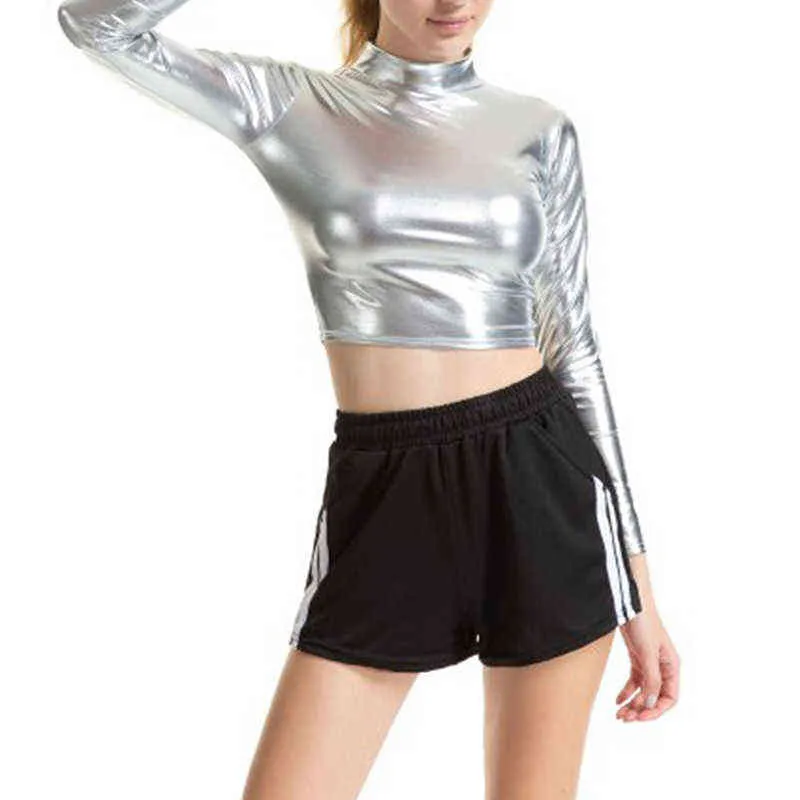 Frauen Liquid Metallic Langarm Crop Top Punk Rollkragen Holographische T Shirt Abgeschnitten Tops Für Rave Club Dance Mock Neck hemd G220228