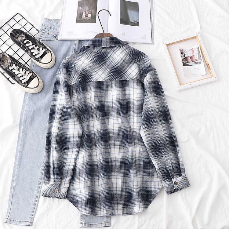 HSA Autumn Spring Spring Flannel Camisa Mulheres Blouses And Tops Retro Cotton Lady Loose Outwear Coreano Tops Femme 210716