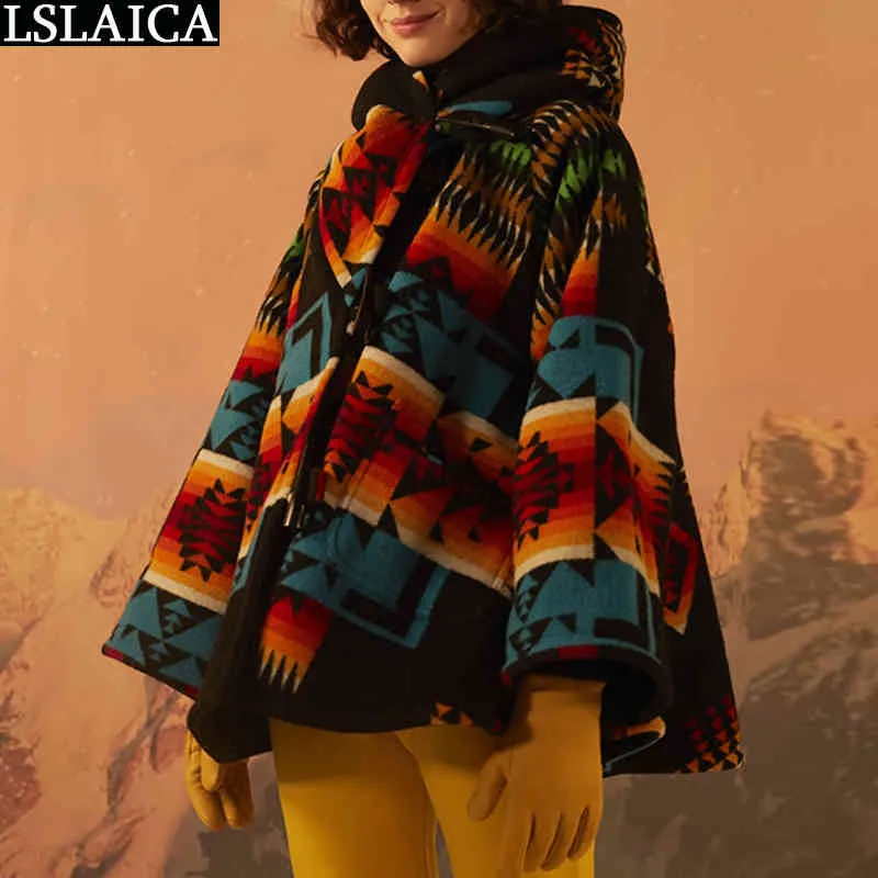Jacket Women Autumn Winter Print Hooded Pockets Vintage Oversized Coats Long Sleeve Loose Casual Female Coat Windbreaker 210515