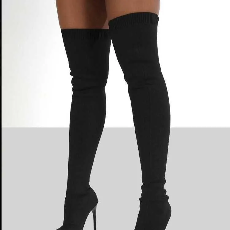 겨울 페이즐리 여성 부츠 패션 뾰족한 발가락 펑크 높은 얇은 발 뒤꿈치 양말 무릎 위의 가을 Botas de mujer 211222