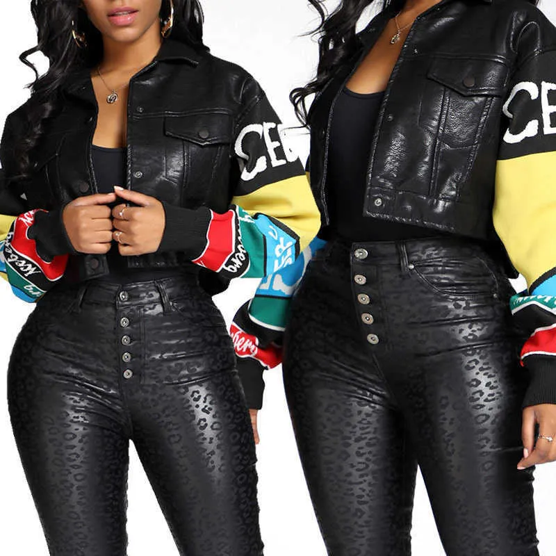 Customized Grimace graffiti pu leather jacket cartoon printed leather jacket female kint sleeve sticthing pu leather tops F1920 210908