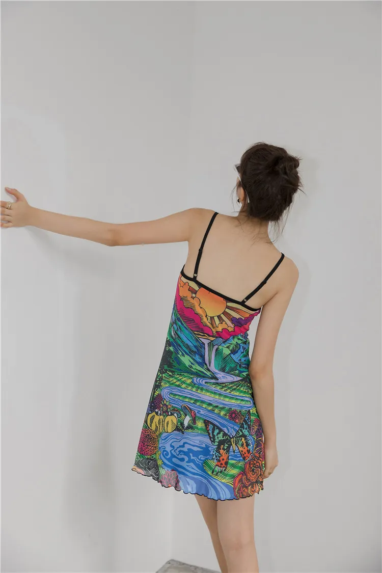 Sunshine Mountains Colorful Mesh Slip Dress Women Backless Spaghetti Strap Mini Bodycon Holiday Summer Fashion 210427