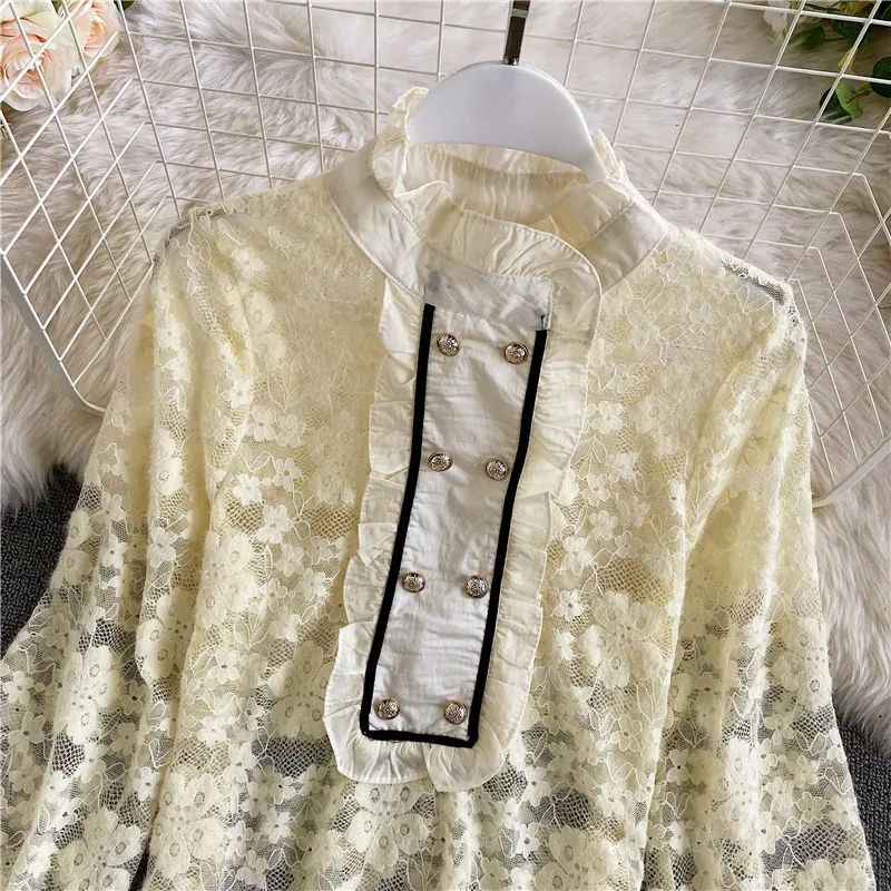 Spring Autumn Fashion Temperament Stand-up Collar Wooden Ears Brushed Lace Shirt Women's Hollow Bottoming Top C089 210506