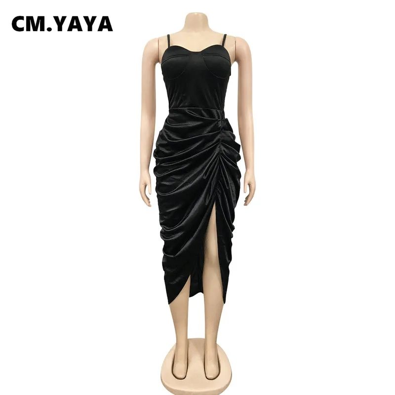 CM.YAYA Femmes Spaghetti Strap Sweetheart Cou Ruché Côté Fente Robe Automne Hiver Sexy Club Party Night Robes Irrégulières 220308