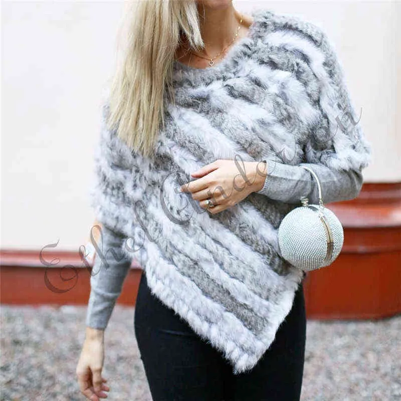 ETHEL ANDERSON Real Fur Knitted Rabbit Fur Poncho Vest Fashion Wrap Coat Vtg Shawl Lady Natural Fur Wedding Party Wholesale 220112