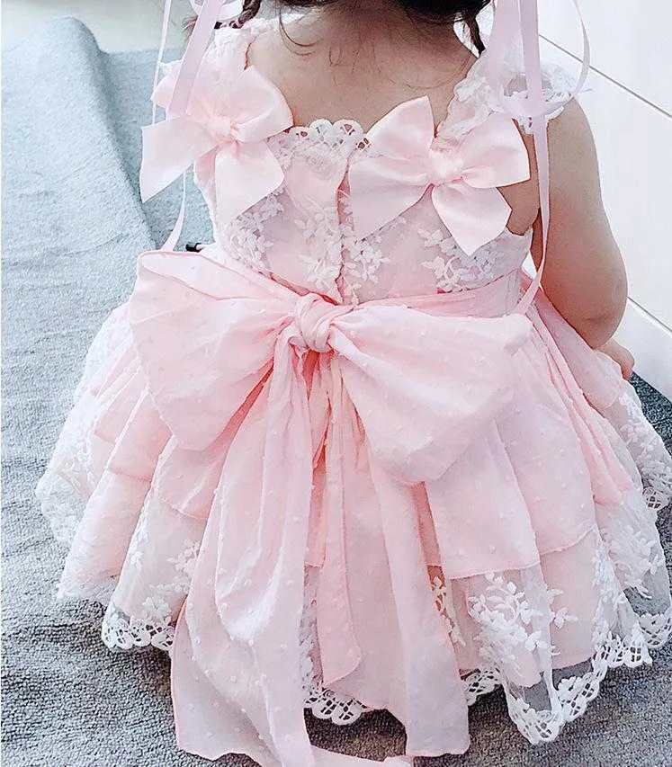 Çocuk Butik Giyim Küçük Kızlar İspanyol Pembe Dantel Elbiseler Bebek Kız İspanya Lotia Frocks Bebek Yaz Vaftiz Elbise 210615