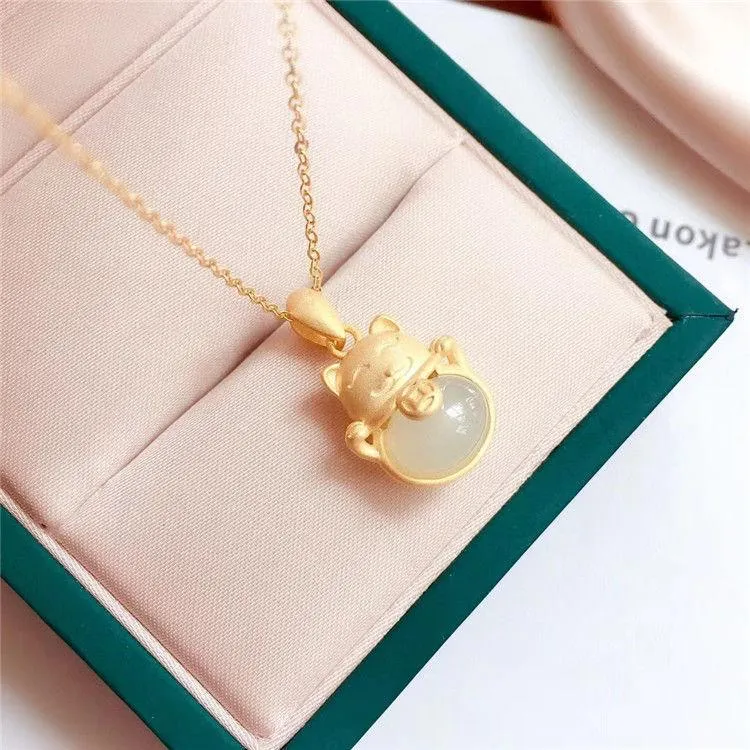 Silver Inlaid Natural An White Jade Pith Zhaocai Cat Necklace Chinese Style Retro Bohemian Charm Women's Jewelry Chains279N