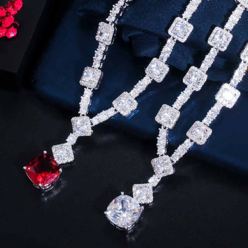 CWWZircons Chic rond et carré coupe rouge cubique zircone femmes mariage ensemble de bijoux élégant collier boucle d'oreille pour les mariées T454 H1022