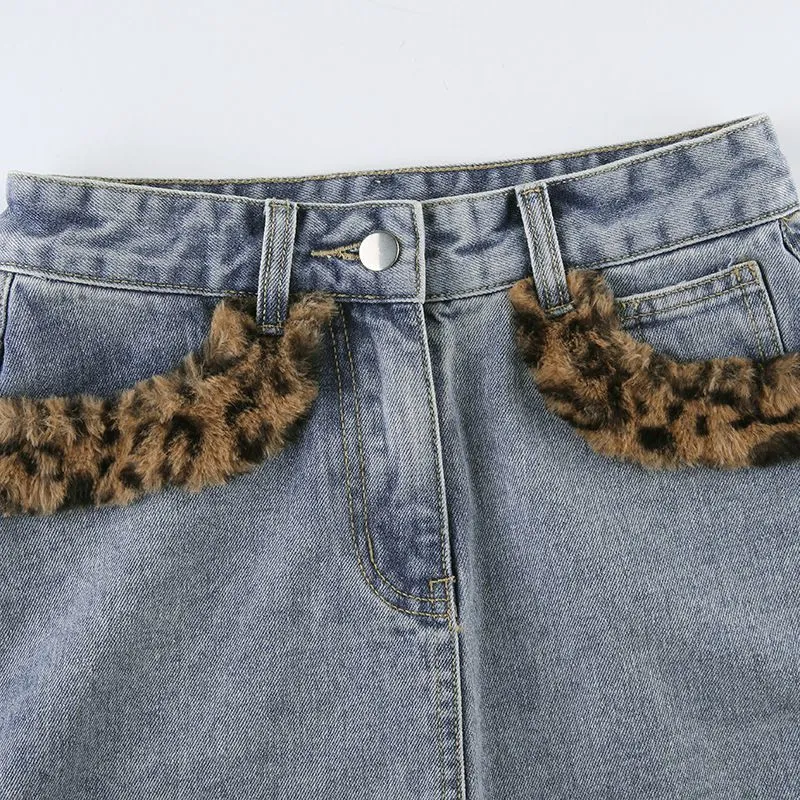 Patchwork Pelz Leopard Hohe Taille Jeans Röcke Womens Casual Mode Tasche Bodycon Hüfte Denim Mini Rock Damen Harajuku Stil 210517