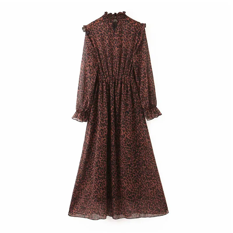 Vintage leopard print pleated midi dress Women animal pattern long sleeve ruffles elastic waist casual dresses vestidos 210430